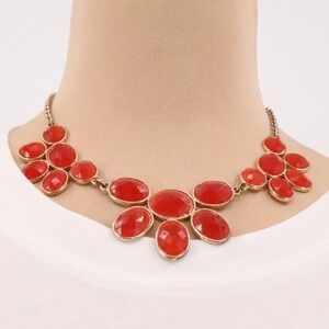 Gold Tone Statement Bib Necklace Party Office Faceted Oval Cabochon Extender